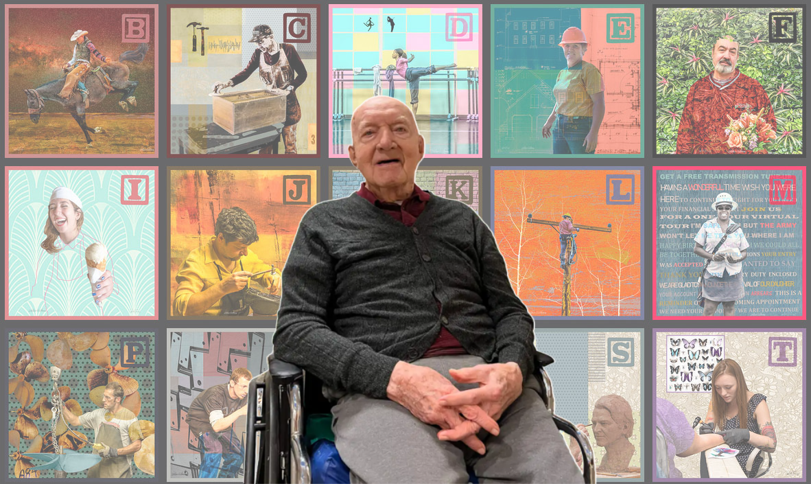 wally willaman, age 101, bethany village resident with his art series A to Z
